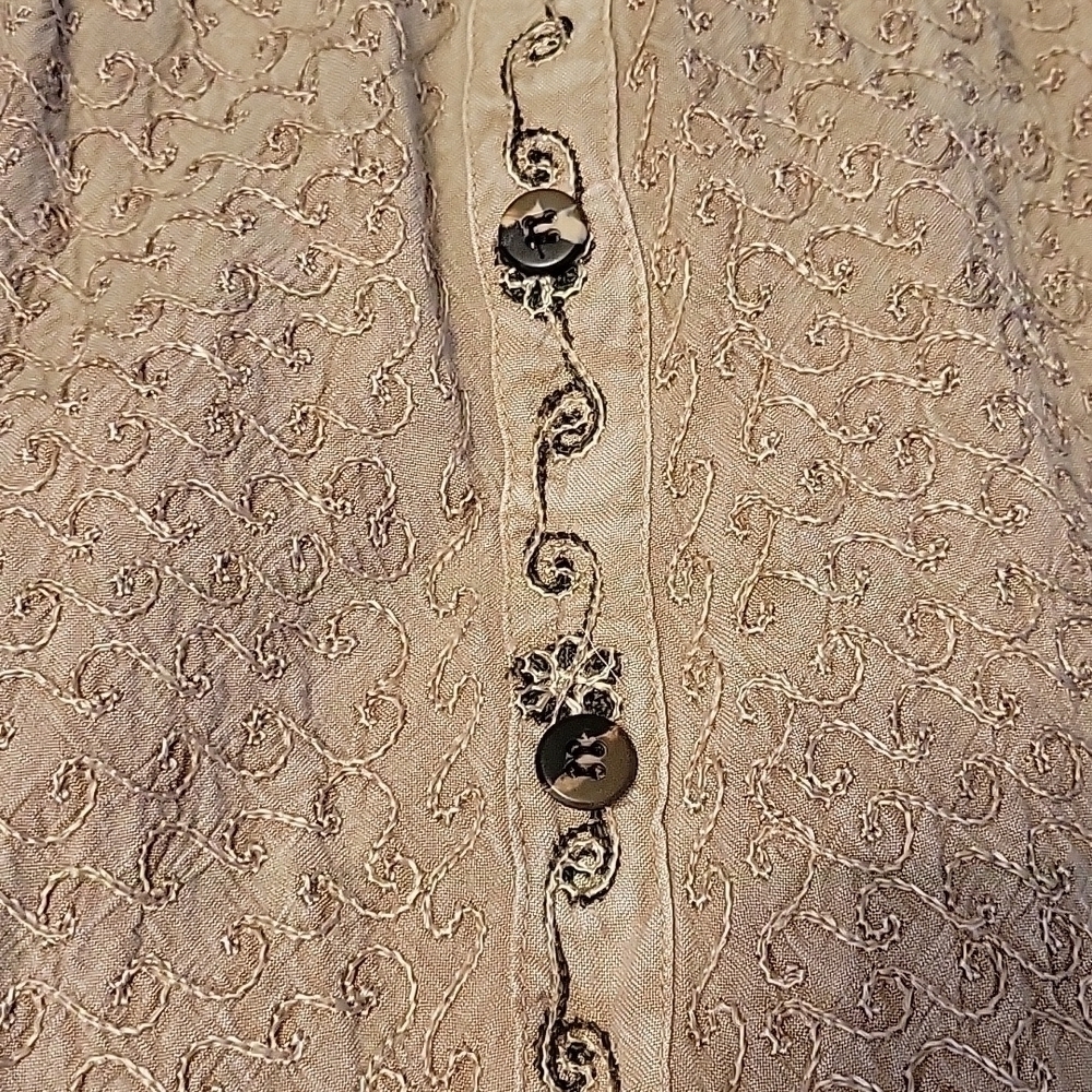 VTG MAGIC 1980s Tan Floral Embroidered Tie Back Sleeveless Circle Dress - Picture 13 of 16